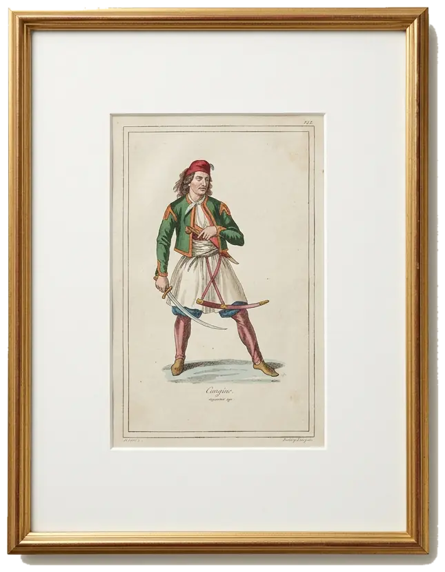 The Red-Hatted Archer, hand coloured print of an archer in a red hat