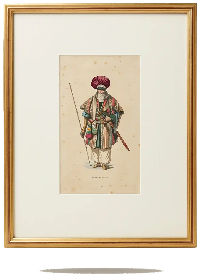 The Striped Coat, hand coloured print of a man in a striped coat with a sword