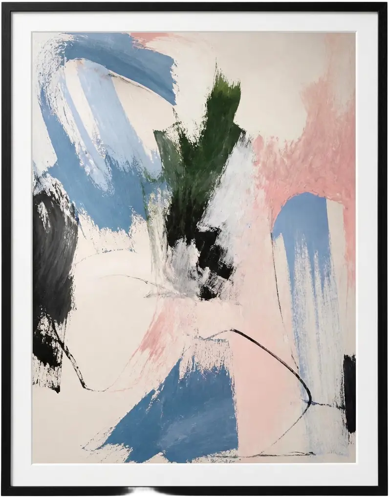 Garden After Rain, abstract painting in blue, pink and black