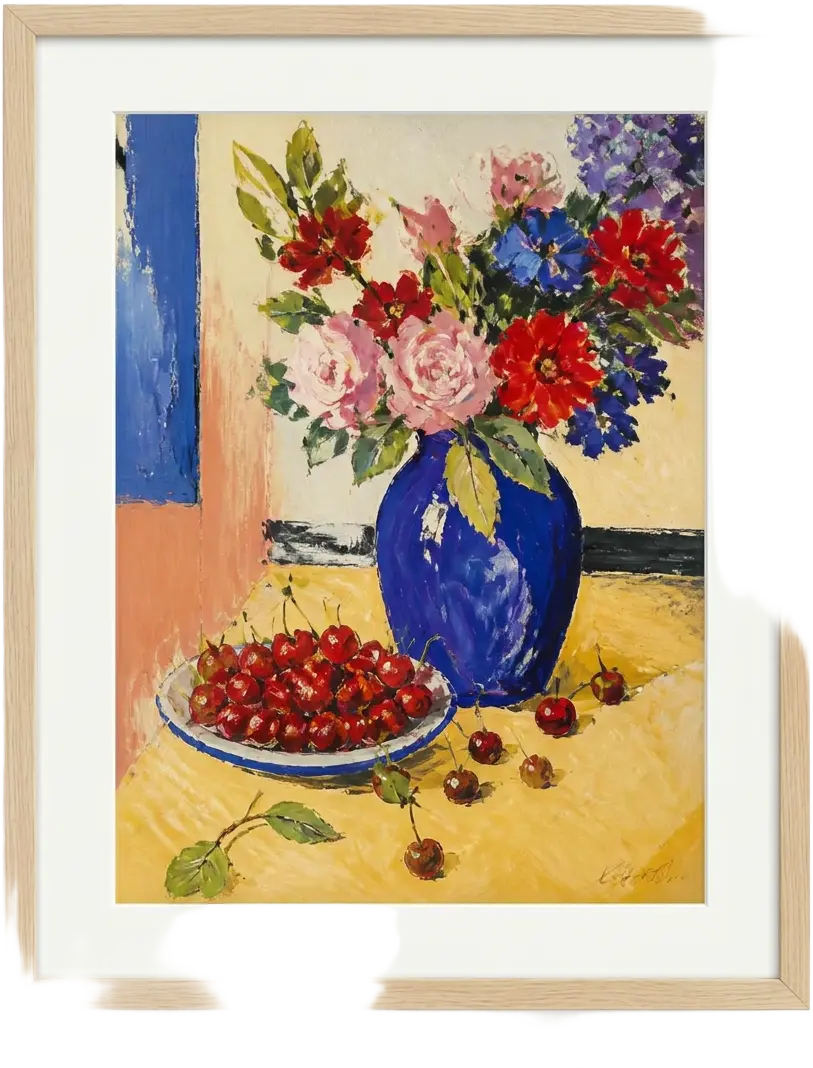 Cherries at Noon, still life painting of flowers in a blue vase and a bowl of cherries