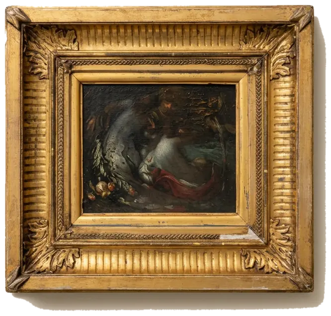 The Gilded Night Study, small dark oil painting in a carved gilt frame