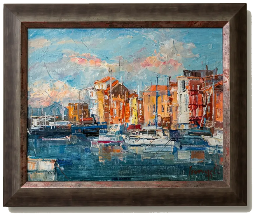 Harbour in Colour, oil painting of a colourful harbour town with boats