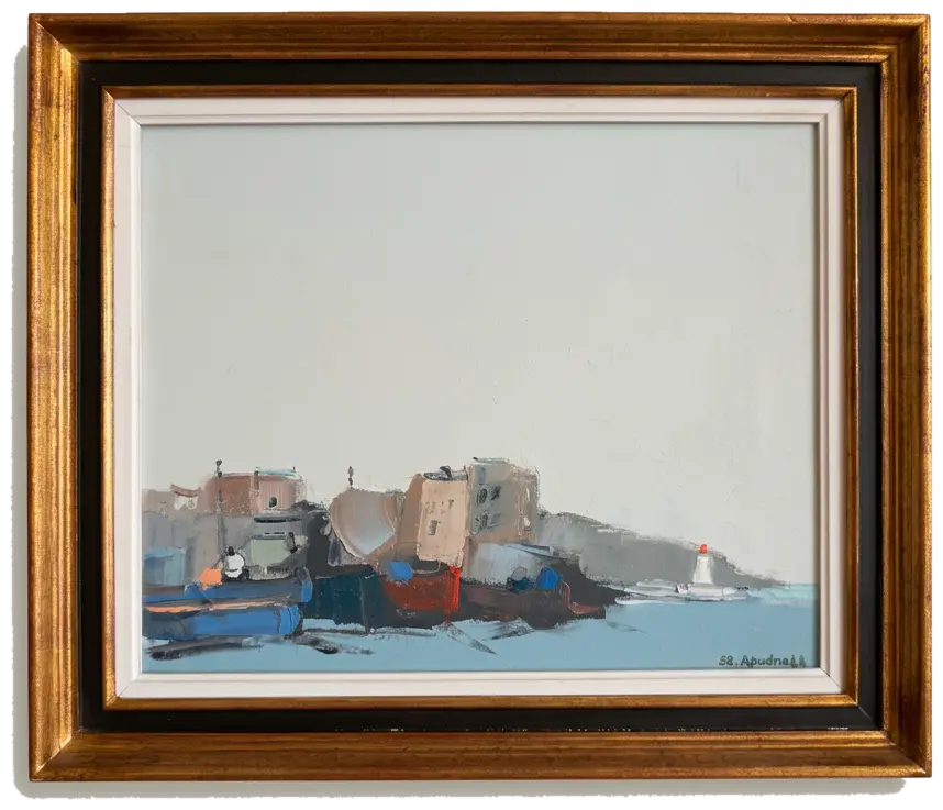 Quiet Harbour, oil painting of a coastal town under a pale sky