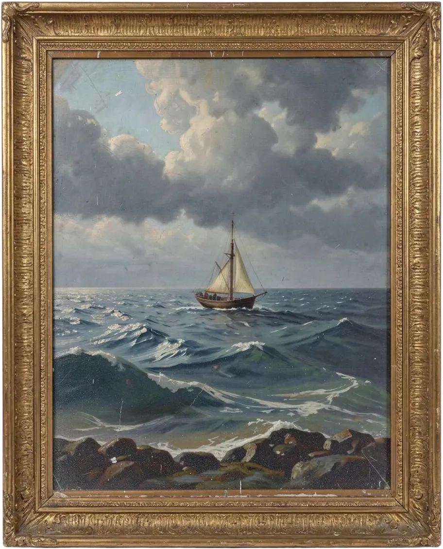 The North Sea, oil painting of a sailing boat on rough sea