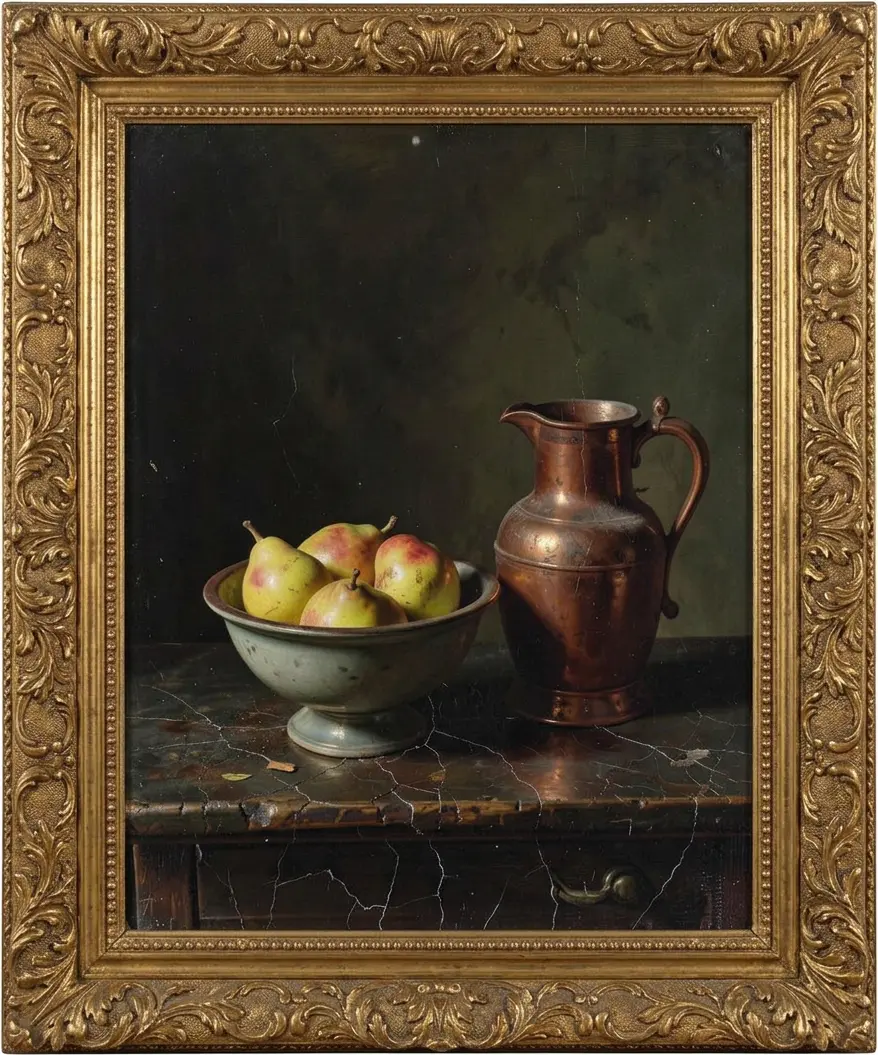 Pears and Copper, still life oil painting of pears and a copper jug