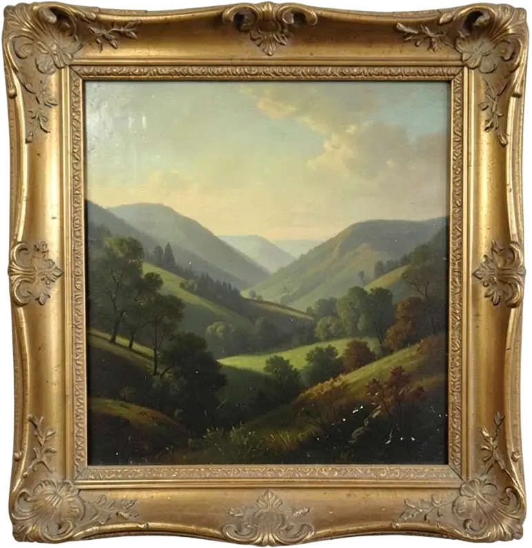 The Gilded Valley, oil painting of a green valley between hills